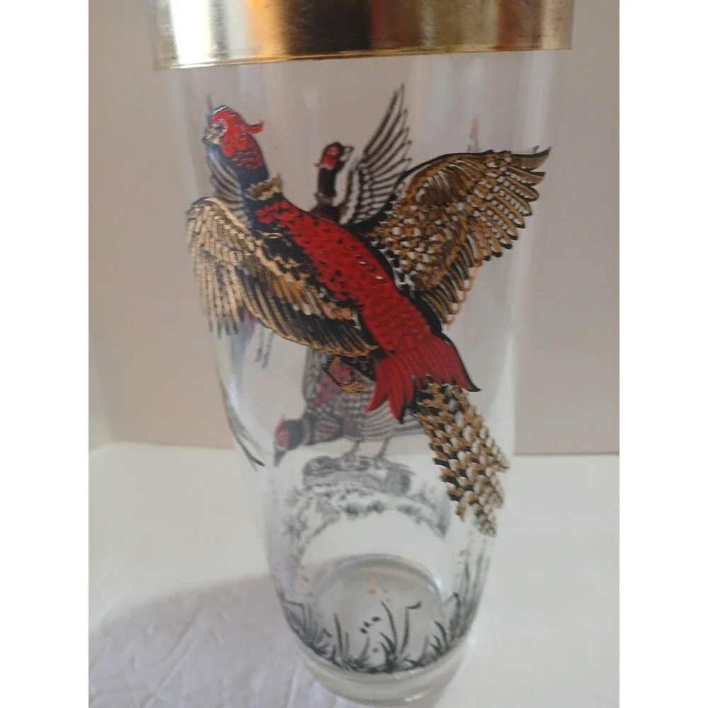 Vintage PHEASANTS HUNTING CLEAR GLASS COCKTAIL SHAKER 1960s Chrome Lid